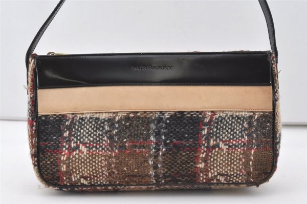 Authentic BURBERRY Check Shoulder Hand Bag Purse Tweed Enamel Brown 0521J Online now