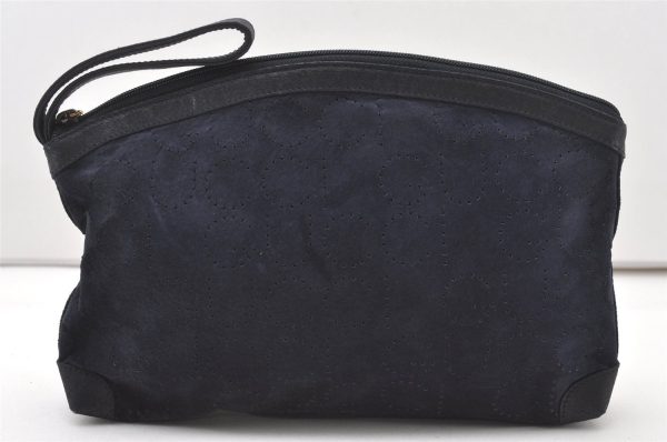 Authentic GUCCI Vintage Clutch Hand Bag Purse Punching Suede Leather Navy 9924I Online now