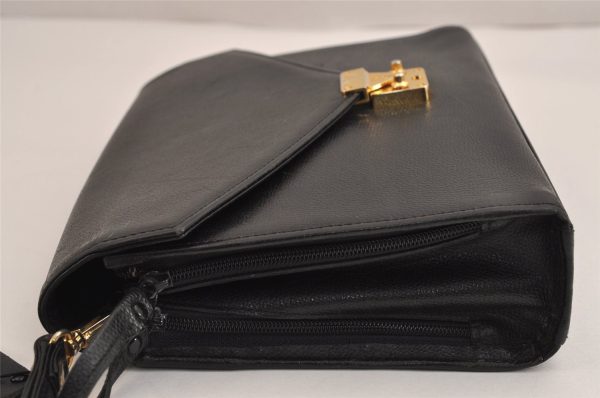 Authentic YVES SAINT LAURENT Vintage Clutch Hand Bag Purse Leather Black 2503J For Sale