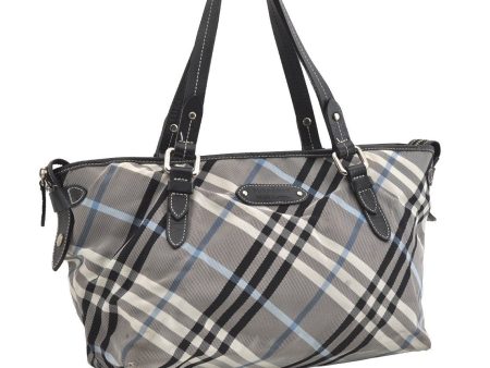 Authentic BURBERRY BLUE LABEL Check Shoulder Tote Bag Nylon Leather Black 1726J on Sale