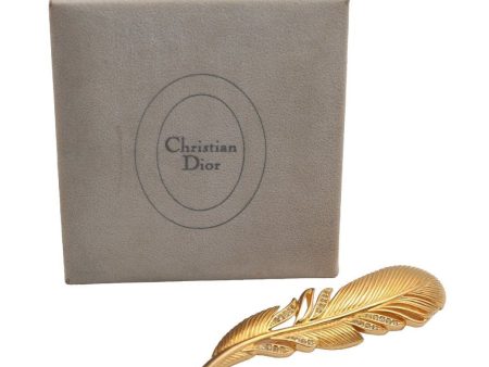 Authentic Christian Dior Rhinestone Feather Motif Brooch Gold Tone CD Box 2342J For Discount