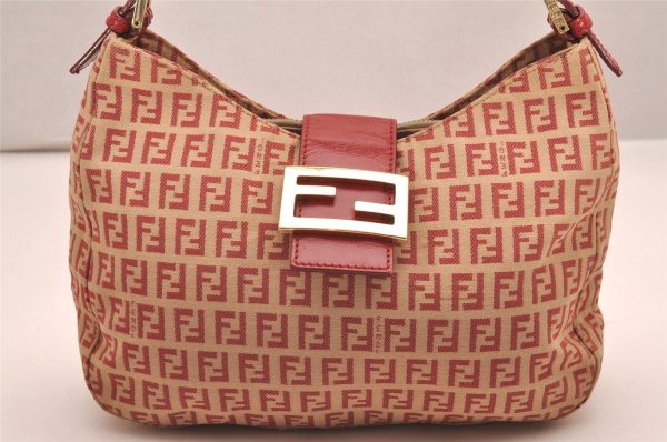 Authentic FENDI Zucchino Shoulder Hand Bag Purse Canvas Leather Red 9933I For Discount