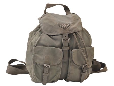 Authentic PRADA Vintage Nylon Tessuto Leather Drawstring Backpack Khaki 9916I Fashion