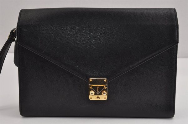 Authentic YVES SAINT LAURENT Vintage Clutch Hand Bag Purse Leather Black 2503J For Sale