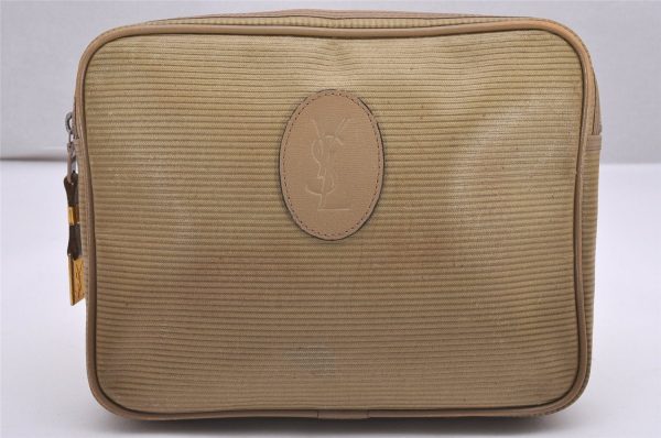 Authentic YVES SAINT LAURENT Clutch Hand Bag Purse PVC Leather Beige 9938I Online Sale