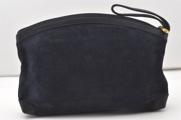 Authentic GUCCI Vintage Clutch Hand Bag Purse Punching Suede Leather Navy 9924I Online now