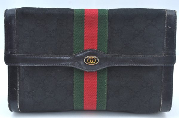 Authentic GUCCI Web Sherry Line 2Way Clutch Bag GG Canvas Leather Black 1120J For Sale