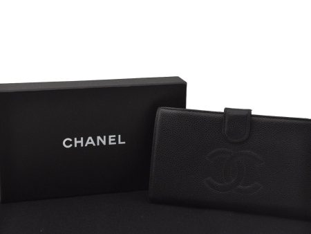 Authentic CHANEL Caviar Skin CC Logo Bifold Long Wallet Purse Black Box 9600I Hot on Sale