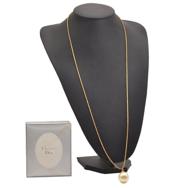 Authentic Christian Dior Imitation Pearl Gold Tone Chain Necklace Box 2314J Fashion