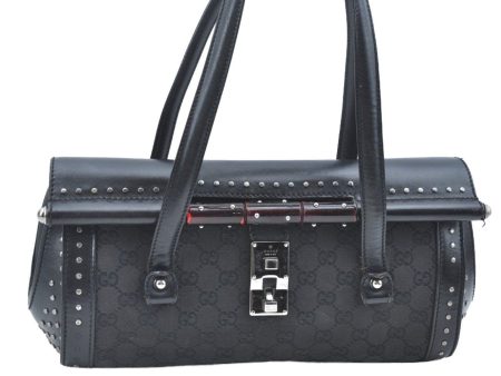 Auth GUCCI Bamboo Studs Shoulder Hand Bag GG Canvas Leather 114993 Black K6493 Sale