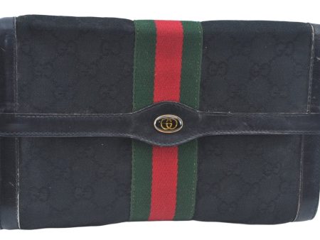 Authentic GUCCI Web Sherry Line 2Way Clutch Bag GG Canvas Leather Black 1120J For Sale