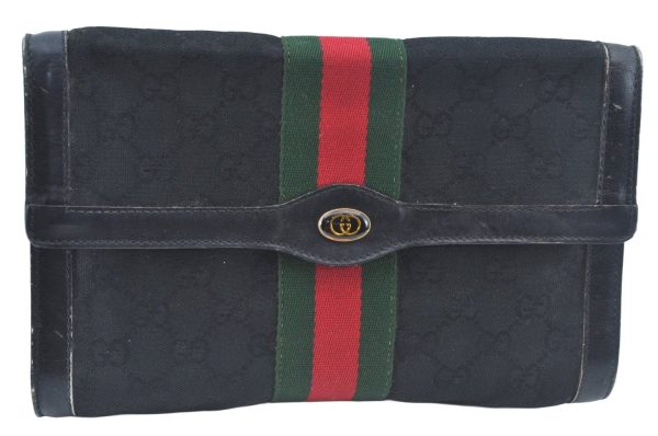 Authentic GUCCI Web Sherry Line 2Way Clutch Bag GG Canvas Leather Black 1120J For Sale