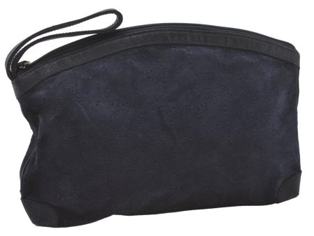 Authentic GUCCI Vintage Clutch Hand Bag Purse Punching Suede Leather Navy 9924I Online now