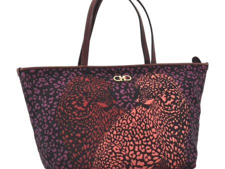 Auth Salvatore Ferragamo Leopard Gancini Nylon Leather Tote Bag Purple 9937I Online Sale