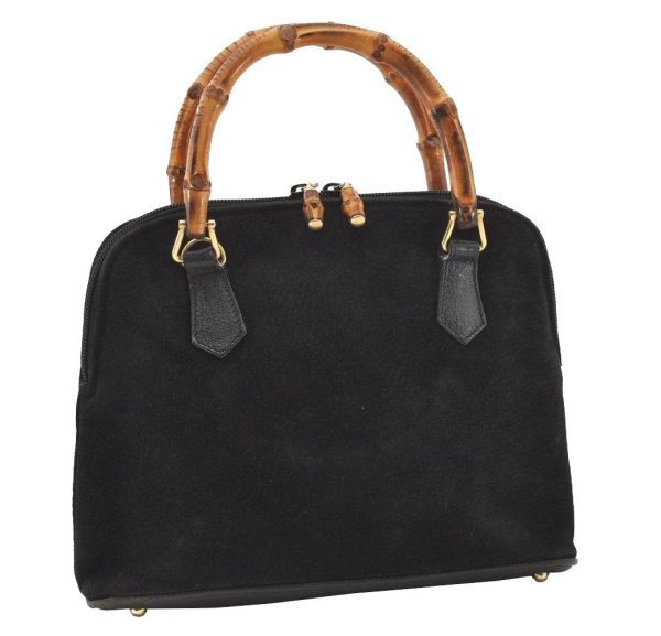 Authentic GUCCI Bamboo 2Way Shoulder Hand Purse Bag Suede Leather Black 2436J on Sale