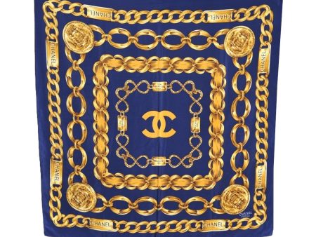 Authentic CHANEL Scarf Chain Motif CC Logo Silk Blue 7411G on Sale