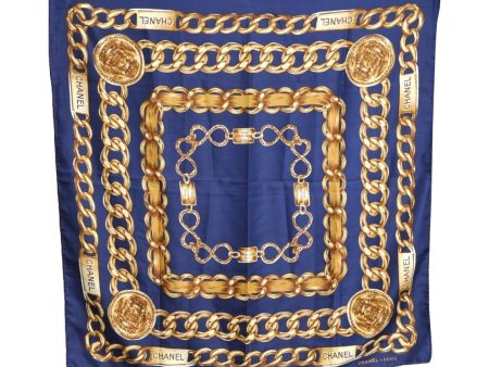 Authentic CHANEL Scarf Chain Motif CC Logo Silk Blue 0573I Online