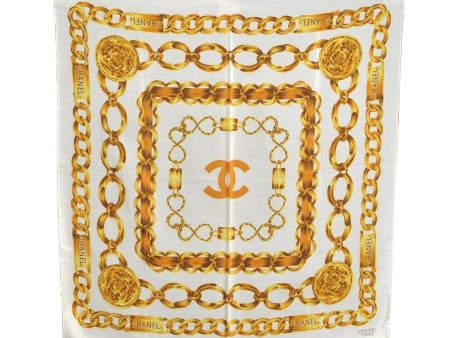 Authentic CHANEL Scarf Chain Motif CC Logo Silk Beige 0473I For Discount