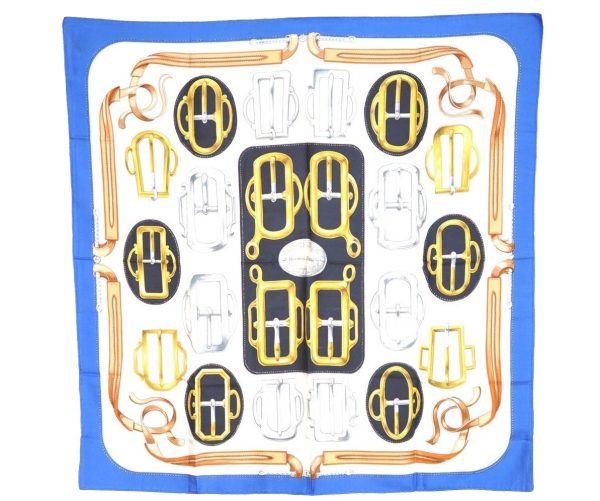 Authentic HERMES Carre 90 Scarf  BOVCLERIE D ATTELAGE  Silk Blue 8471I For Sale