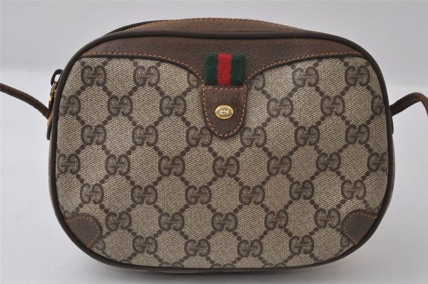 Authentic GUCCI Web Sherry Line Shoulder Bag GG PVC Leather Brown Junk 9618I For Discount