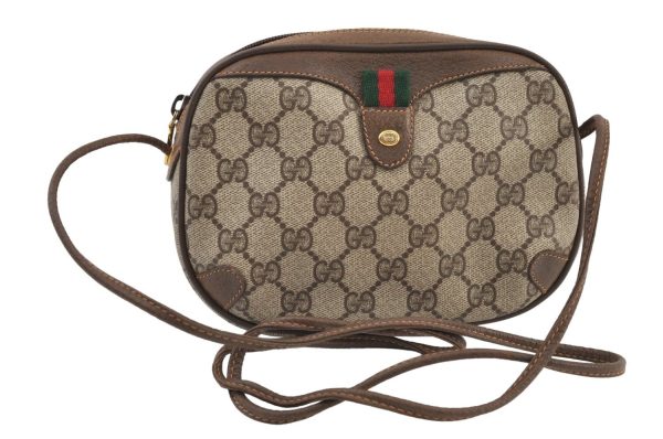 Authentic GUCCI Web Sherry Line Shoulder Bag GG PVC Leather Brown Junk 9618I For Discount