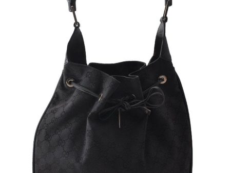 Auth GUCCI Bamboo Drawstring Shoulder Bag GG Canvas Leather 0014033 Black 9875I Online Hot Sale