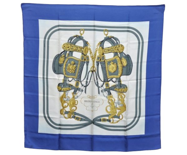 Authentic HERMES Carre 90 Scarf  BRIDES de GALA par  Silk Blue K6331 For Sale