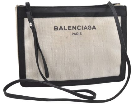 Auth BALENCIAGA Navy Pochette Shoulder Bag Canvas Leather 339937 White 9460I Online Sale